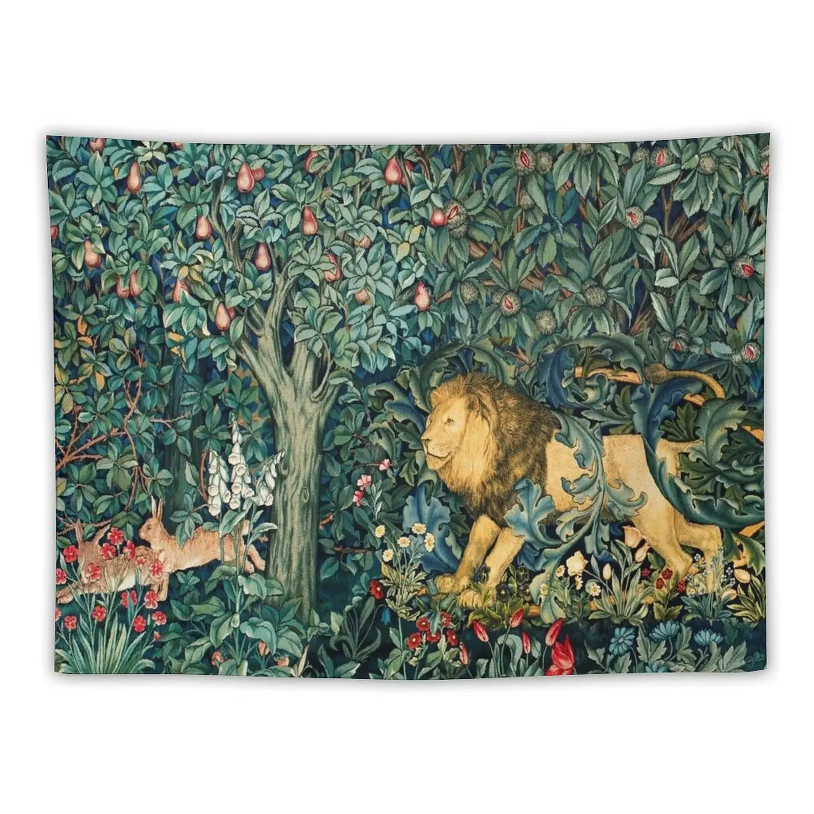 

GREENERY, FOREST ANIMALS Lion and Hares Blue Green Floral Tapestry Room Decor House Decorations Living Room Decoration Tapestry