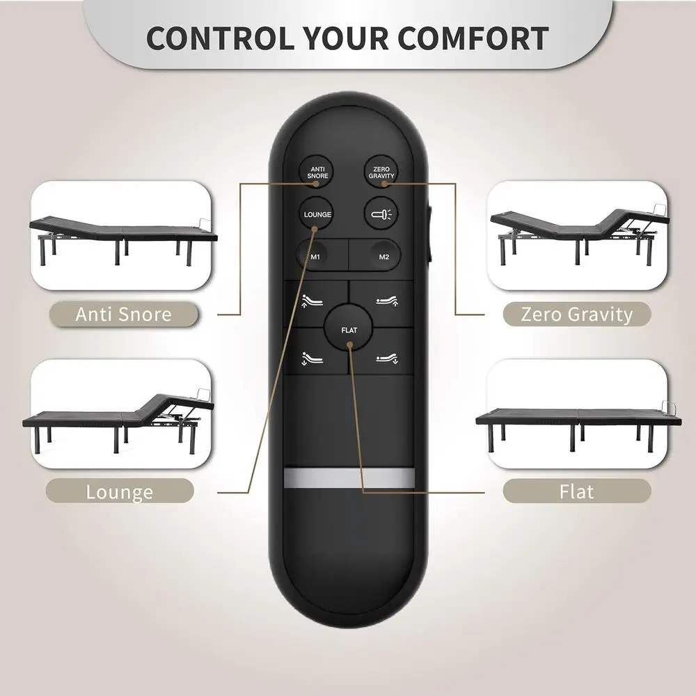 إطار سرير Twin XL قابل للتعديل مع جهاز تحكم عن بعد لاسلكي، إمالة الرأس/القدم، سعة 750 رطل، محرك هادئ، سهل التجميع، يتميز مضاد للشخير