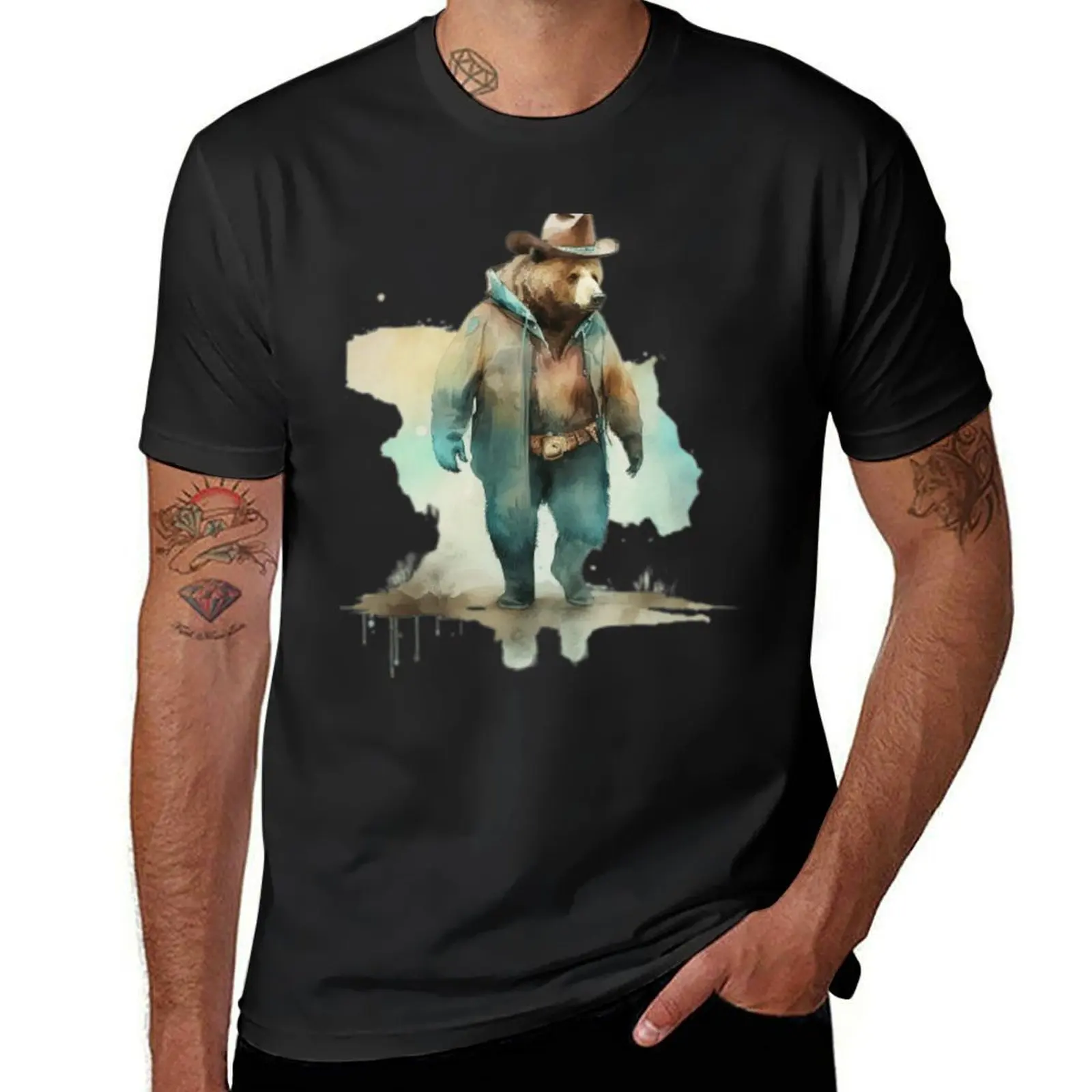 

Cowboy Bear Watercolor T-Shirt topping plain vintage graphic tee Anime t-shirt cotton t shirt men
