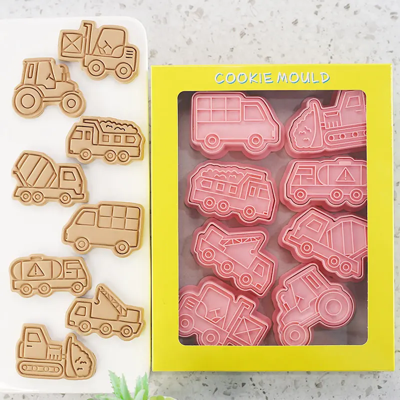 8 Pcs/set Engineering Truck Cookie Cutters Plastic 3D Cartoon Pressable Biscuit Mold Cookie Stamp Kitchen Baking Pastry Bakeware