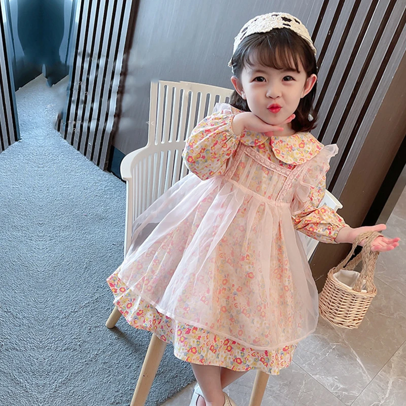 Spring Autumn New Children Girls Clothing Sets Cute Floral Dress+ Mesh Cover Dress Baby Clothes Suit Girls Fashion Kids Outfit