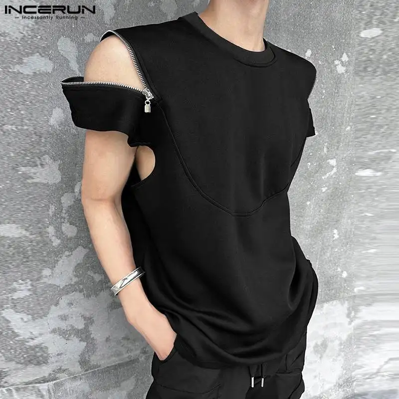 2024 Men T Shirt Solid Color Zipper O-neck Short Sleeve Streetwear Men Clothing Summer Korean Casual Male Tee Tops S-5XL INCERUN