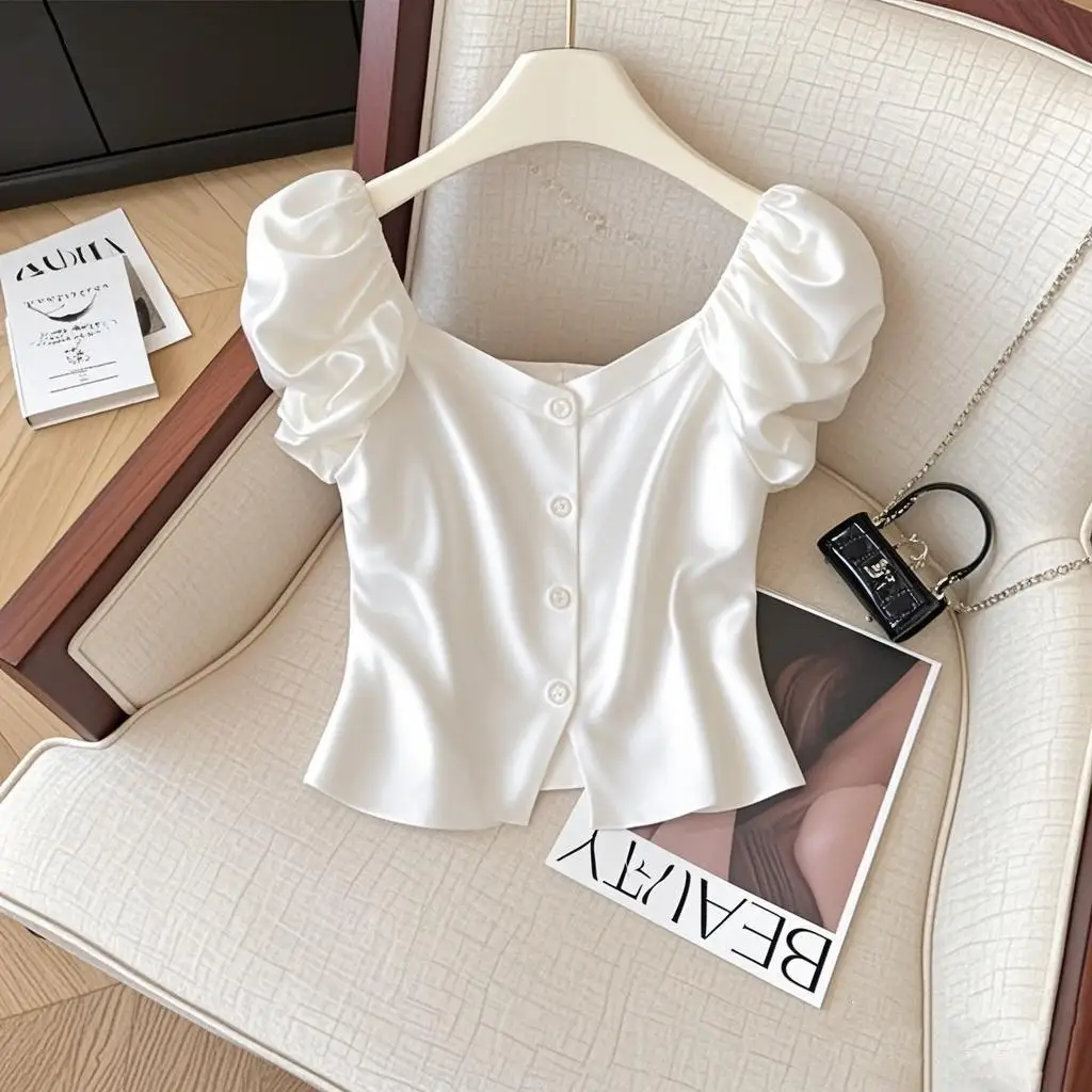 

2025 Summer Satin Office Lady Puff Sleeve Crop Tops Women Korean Chic Square Neck Short Blouse Elegant Slim Fit Design T Shirt