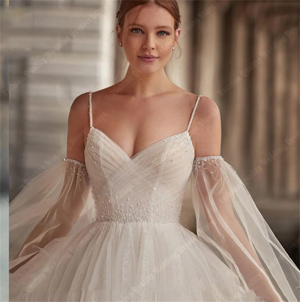 Modest Spaghetti Straps Vestidos de casamento, Off Shoulder Tulle, Querida Collar, Long Bridal Vestidos, Mopping Comprimento