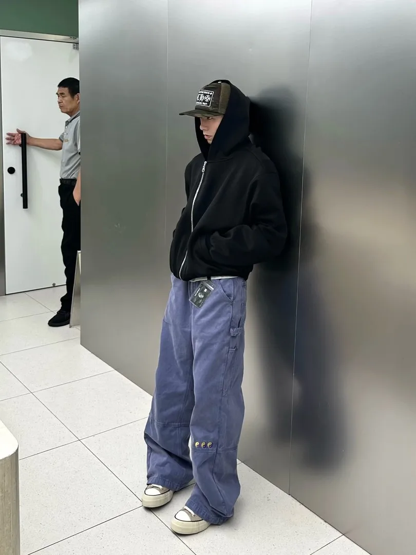 

Винтажные американские уличные хлопковые рабочие брюки с синей талией, мужские повседневные брюки свободного покроя, дизайн вышивки тай-чи