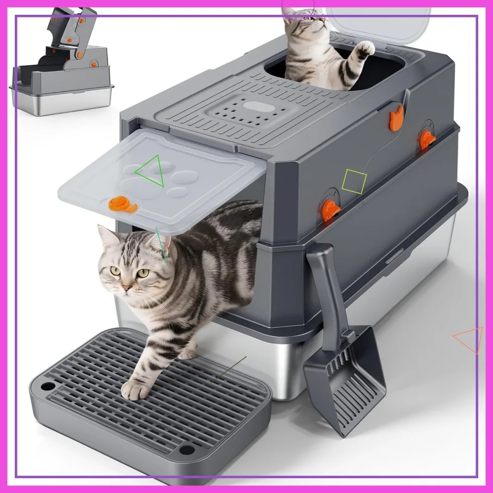 

Large Enclosed Stainless Steel Litter Box with Lid, Front & Top Entry, Odor Free, Anti-Leakage for Big Cats, Grey