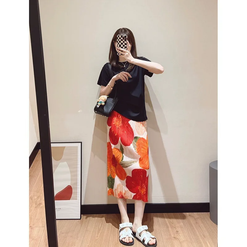 

Women's Miyake Pleated Skirt Summer Floral Print Beach Skirt High Waist Elastic Waistband Slim Fashion Versatile Skirt