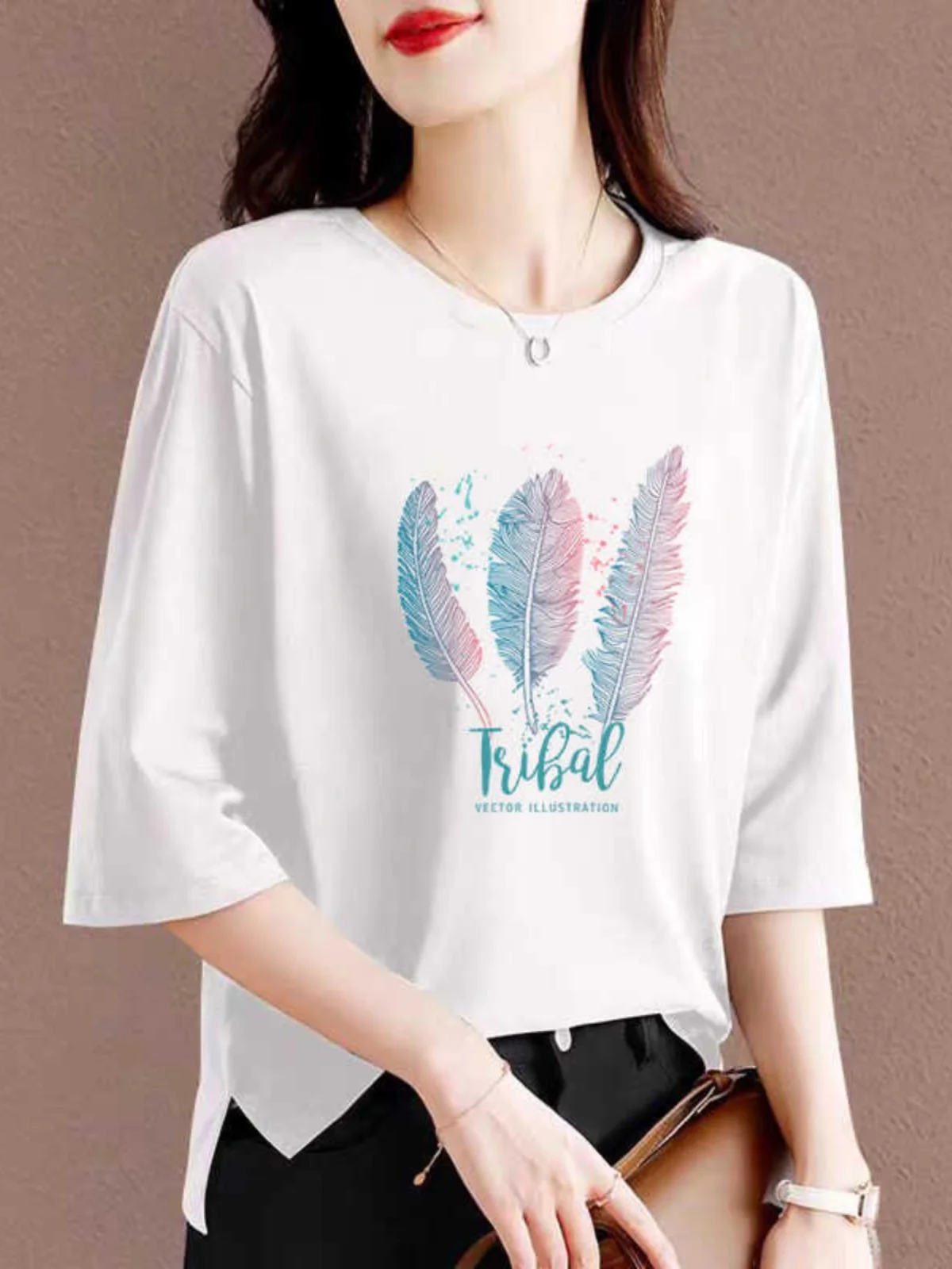 

Loose Fit Pure Cotton T-Shirt Women's Summer Seven Sleeve Asymmetric Split Casual Wear round Neck Line Pattern Printed