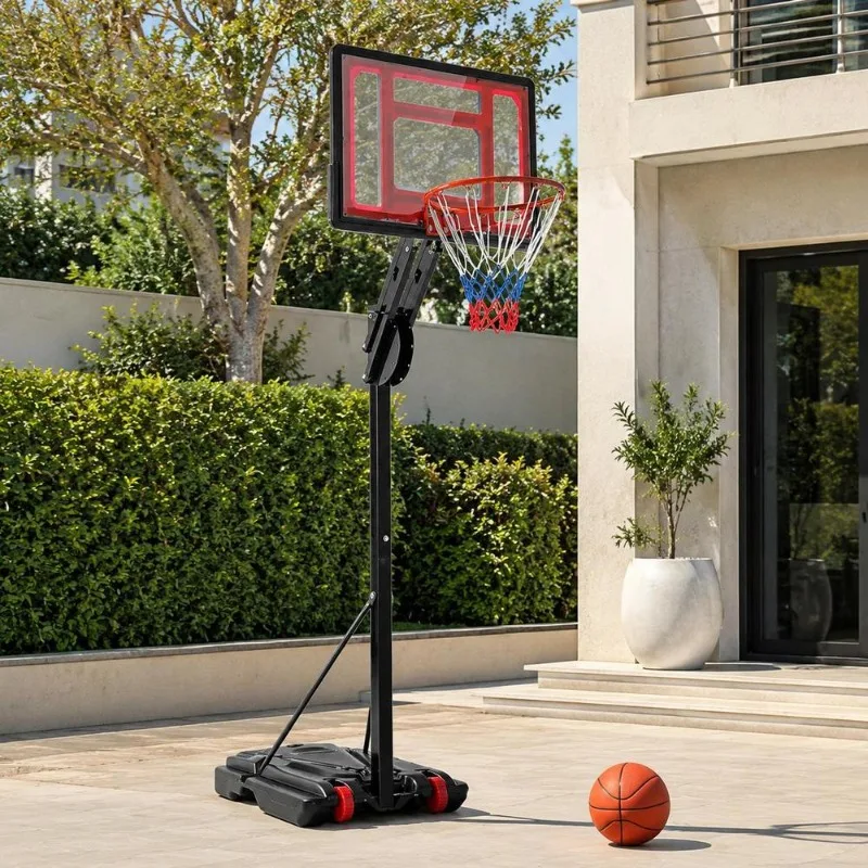 Panier de basket portable réglable en hauteur 82 cm, structure métallique antirouille avec plaque arrière, base remplissable et sac de poids inclus, roues intégrées pour utilisation intérieure et extérieure.