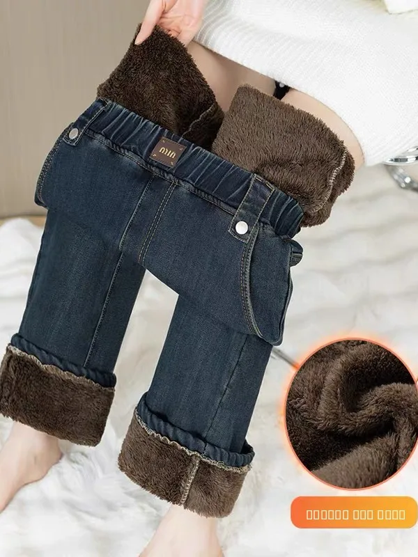 

Женские утепленные джинсы прямого кроя на флисовой подкладке из овечьего вельвета с высокой талией, повседневные, на шнурке, осенне-зимние, новые, свободные, модные