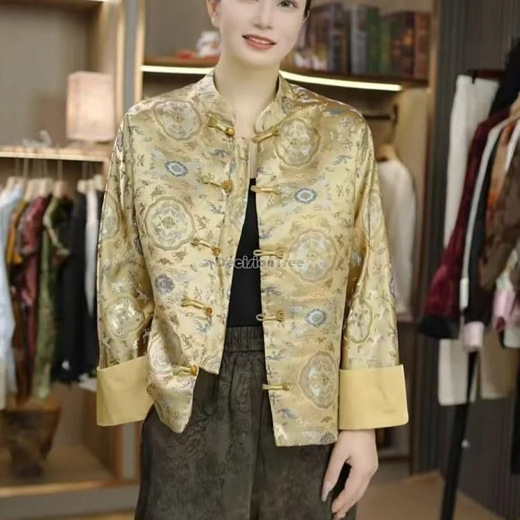 

2025 new chinese national style jacquard tang suit coat women stand-up collar long sleeve cheongsam button elegant loose coat