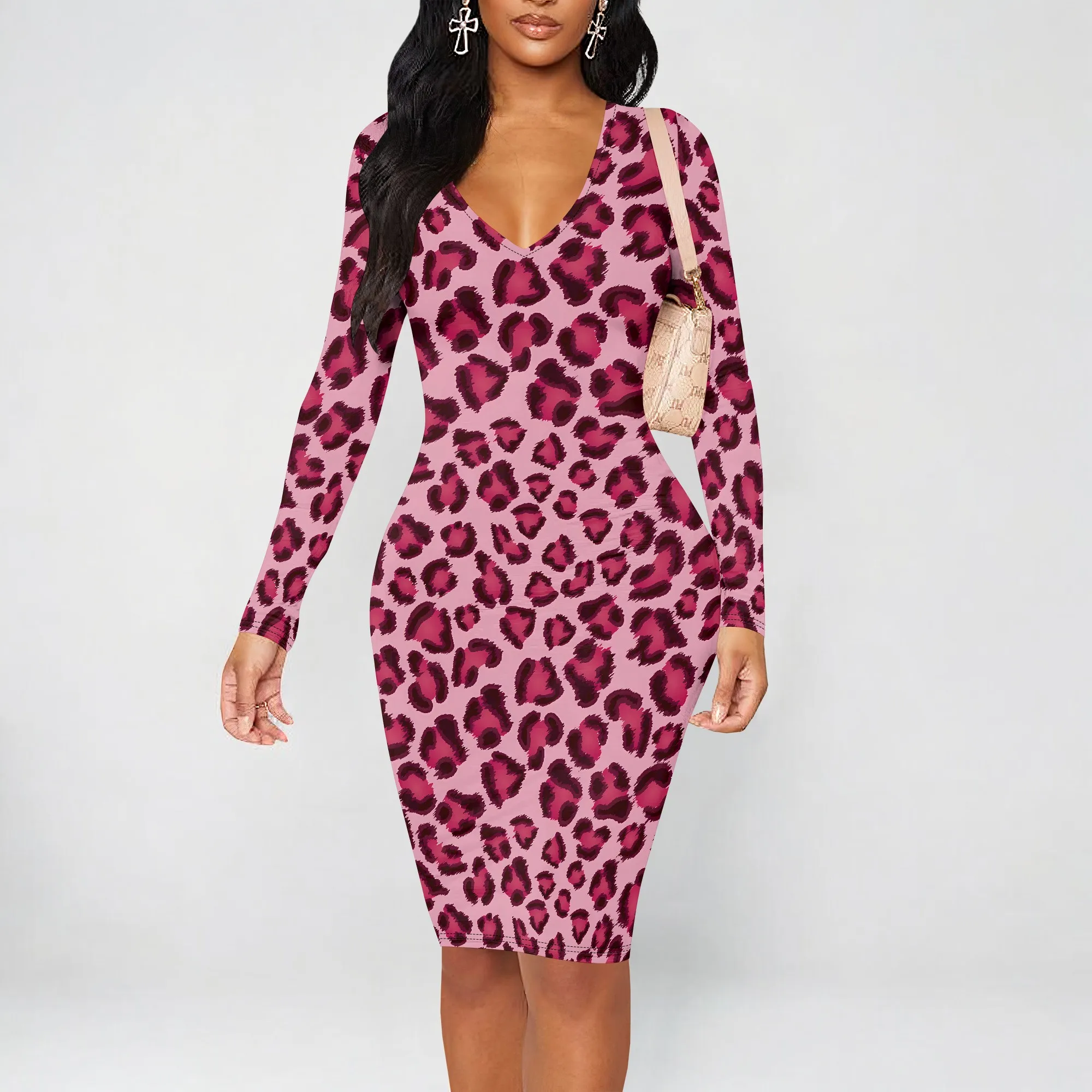 

Sexy Pink Leopard Print Bodycon Dress for Women Long Sleeve Slim Fit Clubwear Dress
