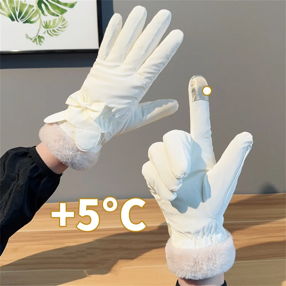1pair Winter Warm Women'S Cycling Velvet Thickened Gloves Bear Ears Bow Outdoor Water-Repellent Ski Gloves image 4