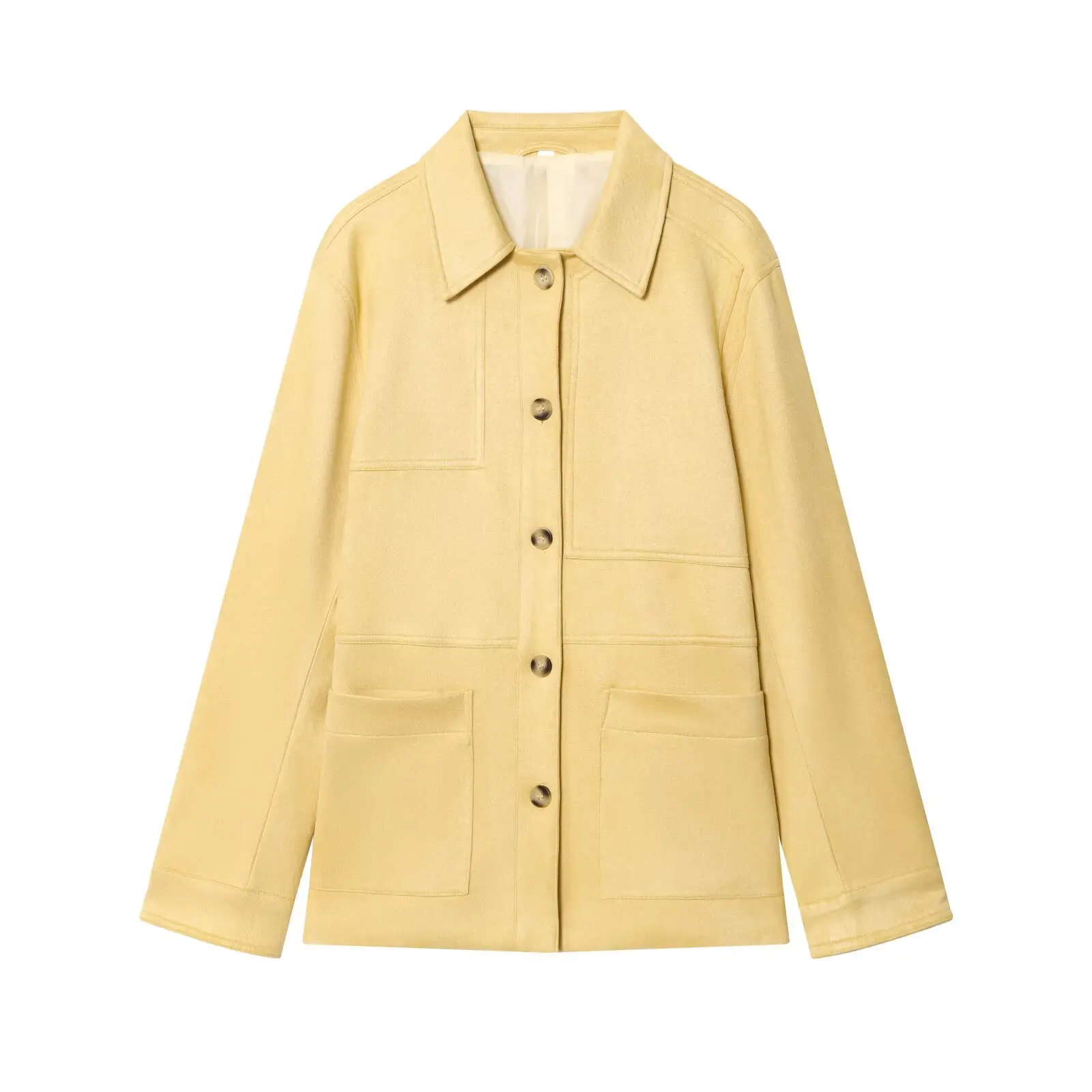 2025 New Yellow Lapel Metal Buttons Multi Pocket Suede Short Jacket Women Fashion Casual Versatile Top