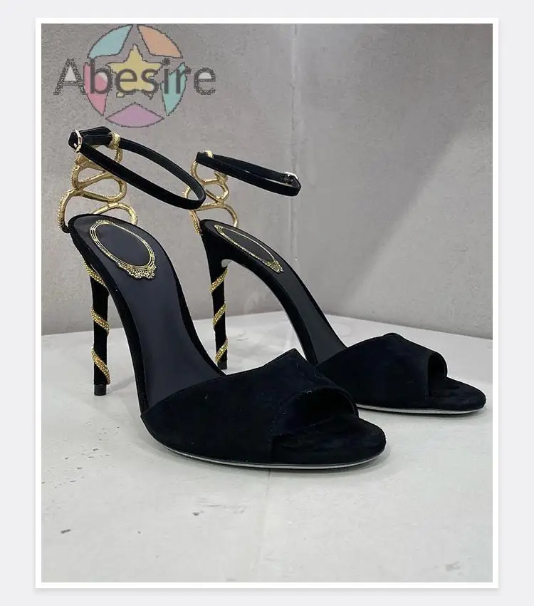 Sexy Classic One-Line Lace-Up Open-Toe Round-Toe Women's Sandals with Black Stilettos Embellished with Snake-Shaped Wrappers