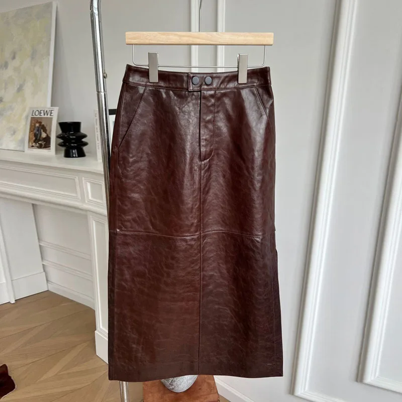 

High Quality OL Style Women Real Leather Skirts Fall Chic Midi-length Straight Goatskin Wax Leather Skirt Female Bodycon Skirts