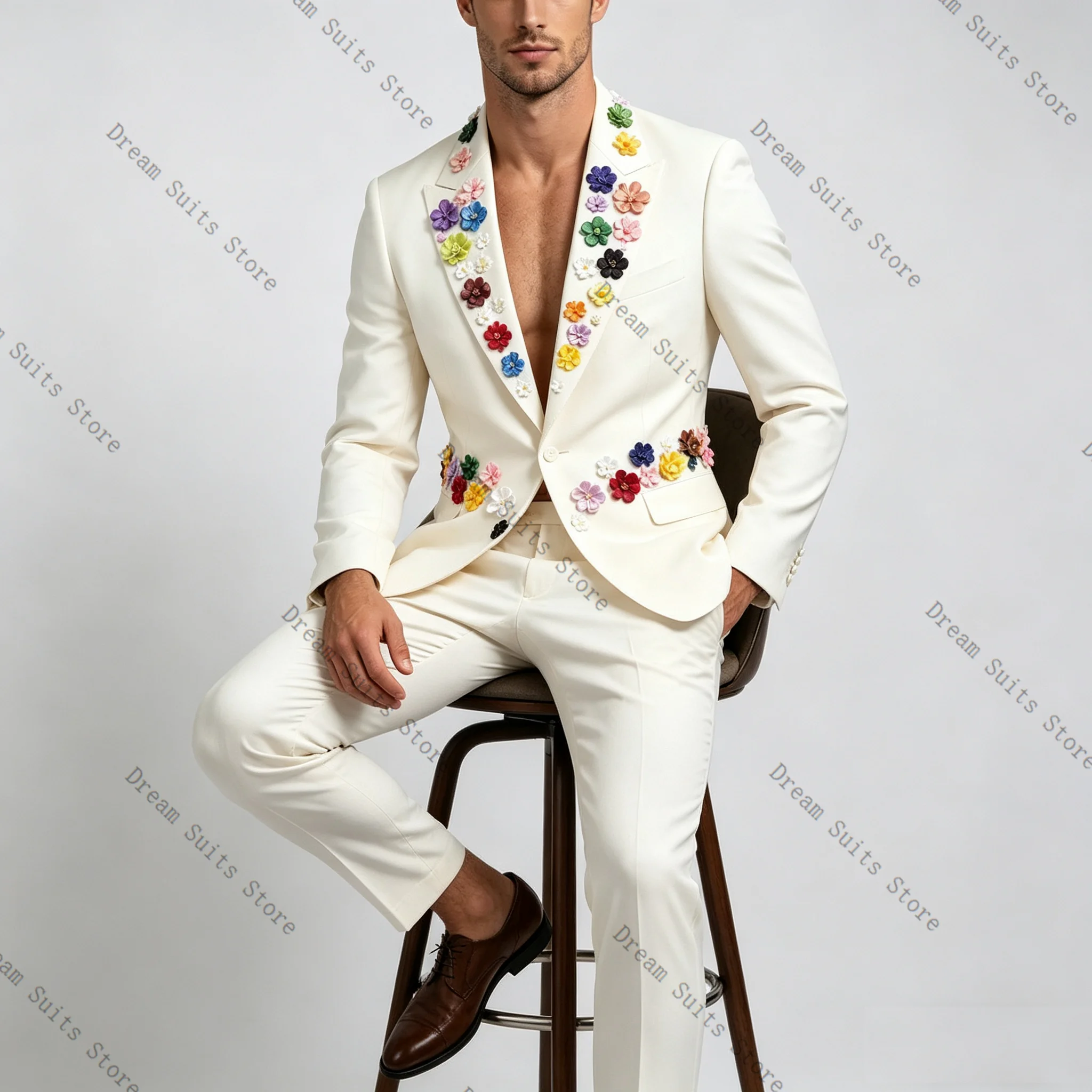 

White Men Suit Set 2 Pcs Blazer+Pants Trousers Cotton 3D Flower Customized Formal Office Jacket Wedding Tuxedos Prom Coat