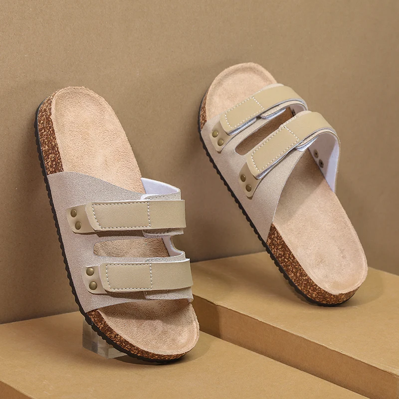 Men's  slippers Men Adjustable Double Strap Cork Slides Casual Non‑Slip Flat Sandals Summer Open Toe Beach Slippers