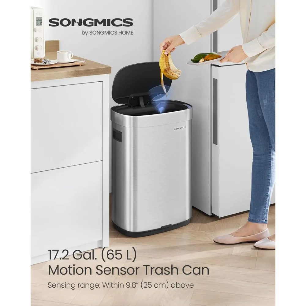 

Kitchen Trash Can, 17.2-Gallon (65 L) Motion Sensor Garbage Can, Stainless Steel Trash Bin, Ozone Odor Control, Stay-Open