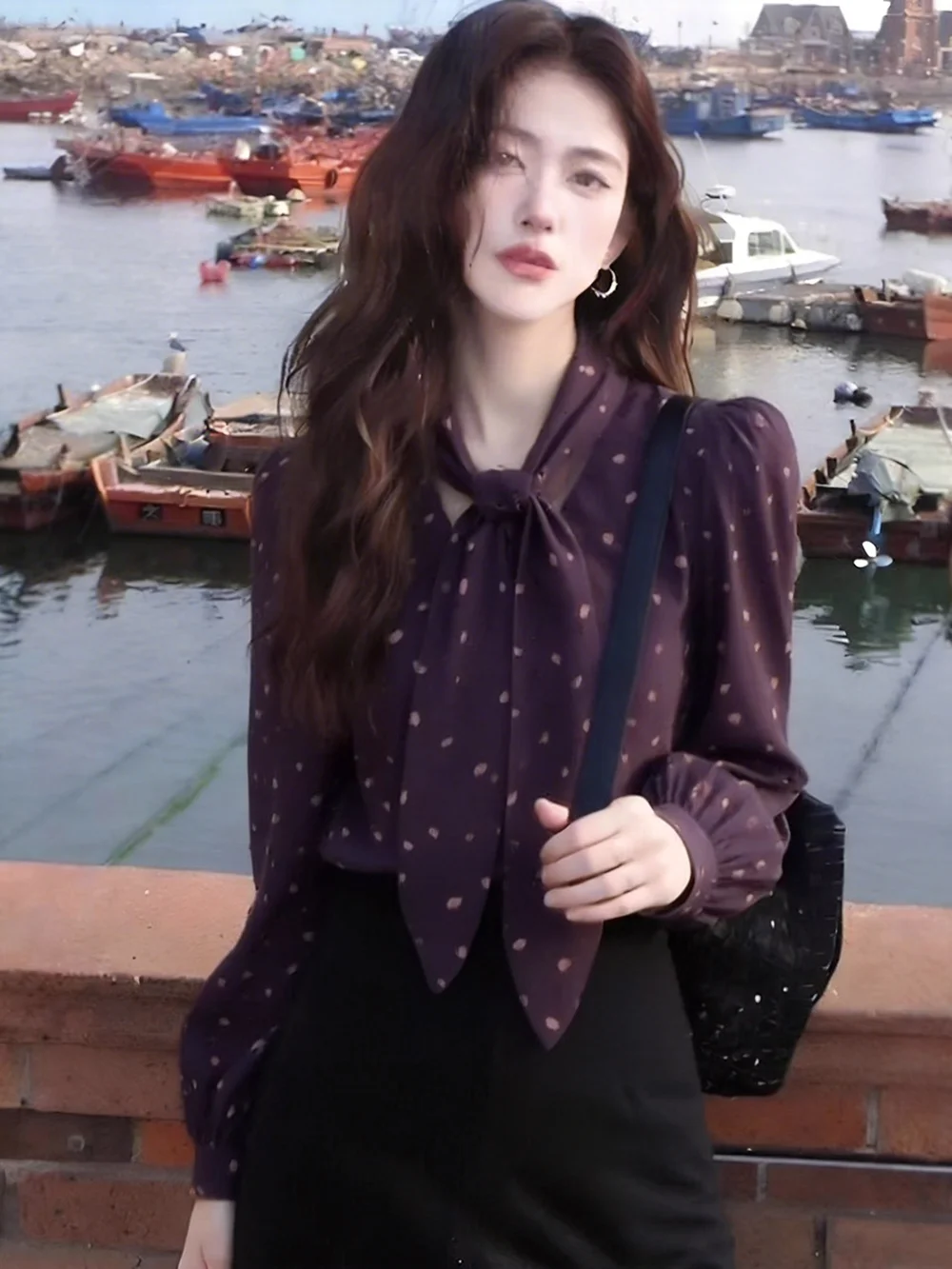 

Elegant Purple Polka Dot Shirt High-End Sensation Unique Beautiful Precision Top for Early Autumn Fashionable Women's Shirt
