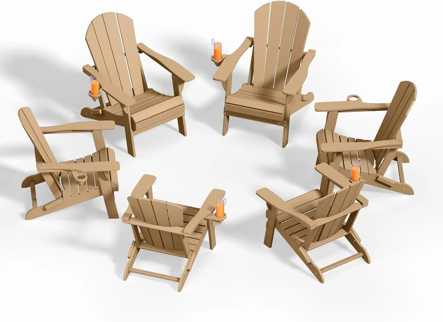 

Folding Adirondack Chairs with Cup Holders, Set of 6 HDPE Plastic Outdoor Chairs, Weather Resistant, Real Wood Look, Heavy-Duty