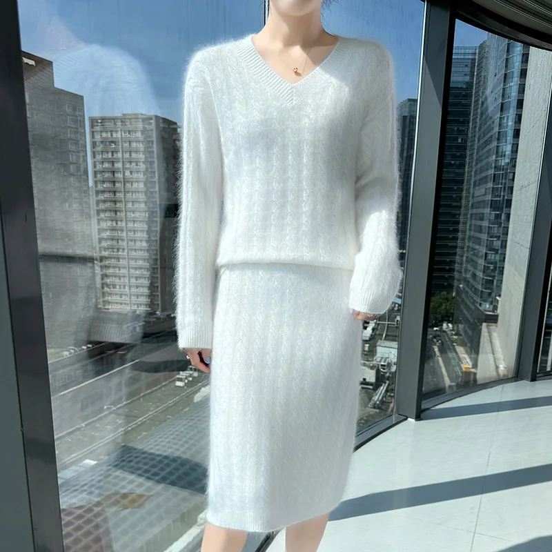 冬のミンクウールセータースカートツーピースレディースラウンドネックツイスト長袖セータースカートルーズカシミヤセータースーツ