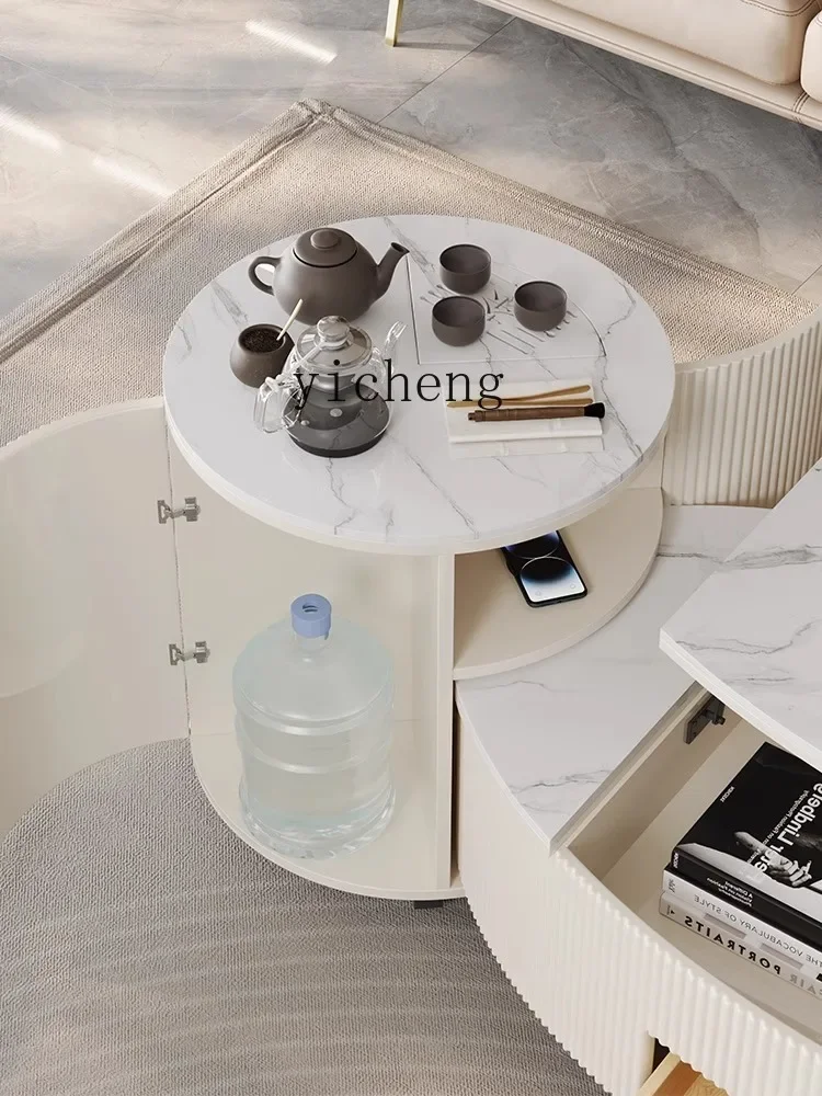 a1 Light Luxury round Mobile Stone Plate Tea Table Living Room Oval Coffee Table Home Kung Fu Tea Table