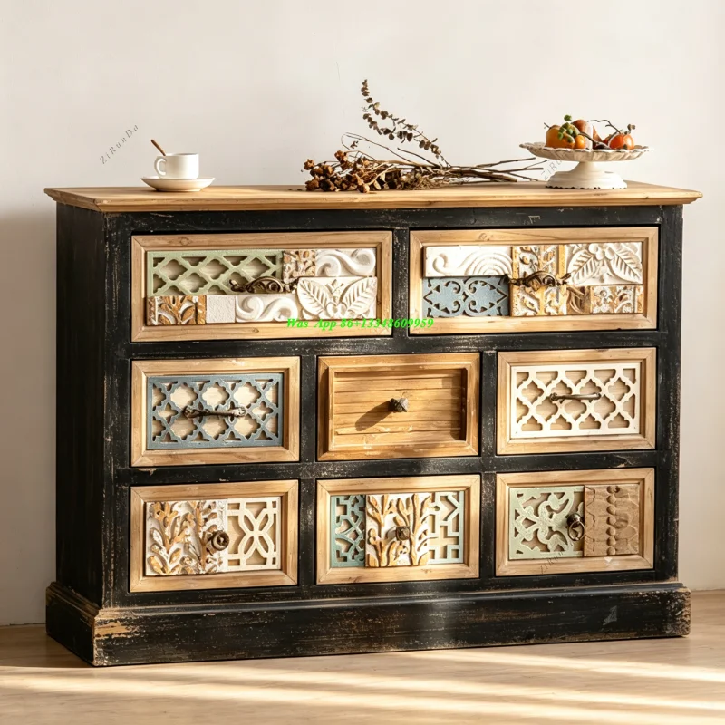 Vintage Carved Drawer Cabinet with Exquisite Patterns, Suitable for Living Room Entryway Storage Furniture