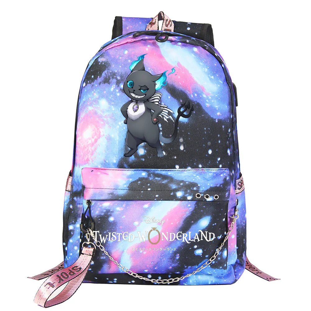 Disney Twisted-Wonderland Bolsa Escolar Masculina e Feminina, Mochila Casual de Viagem, Laptop, Carregamento USB, Mochilas para Adolescentes, Estudantes