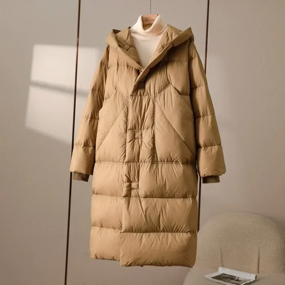 Mujer invierno nueva moda Puffer fajas con capucha de gran tamaño amarre por encima de la rodilla abrigo chaqueta de plumón de pato blanco sólido grueso cálido Mujer