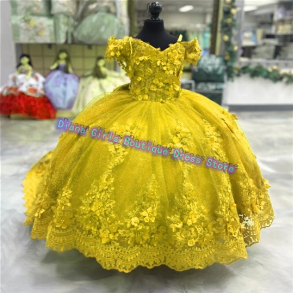 Elegant 3D Flowers Appliqué Flower Girls Dress for Wedding Tulle Fluffy Party Kids Girls Birthday Evening Gowns Customized