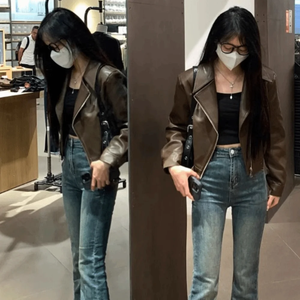 Comfortable Pleated Leather Jacket Women Korean Chic Lapel Collar Zipper Overcoat Outerwear Windbreaker Jackets Y2k Women