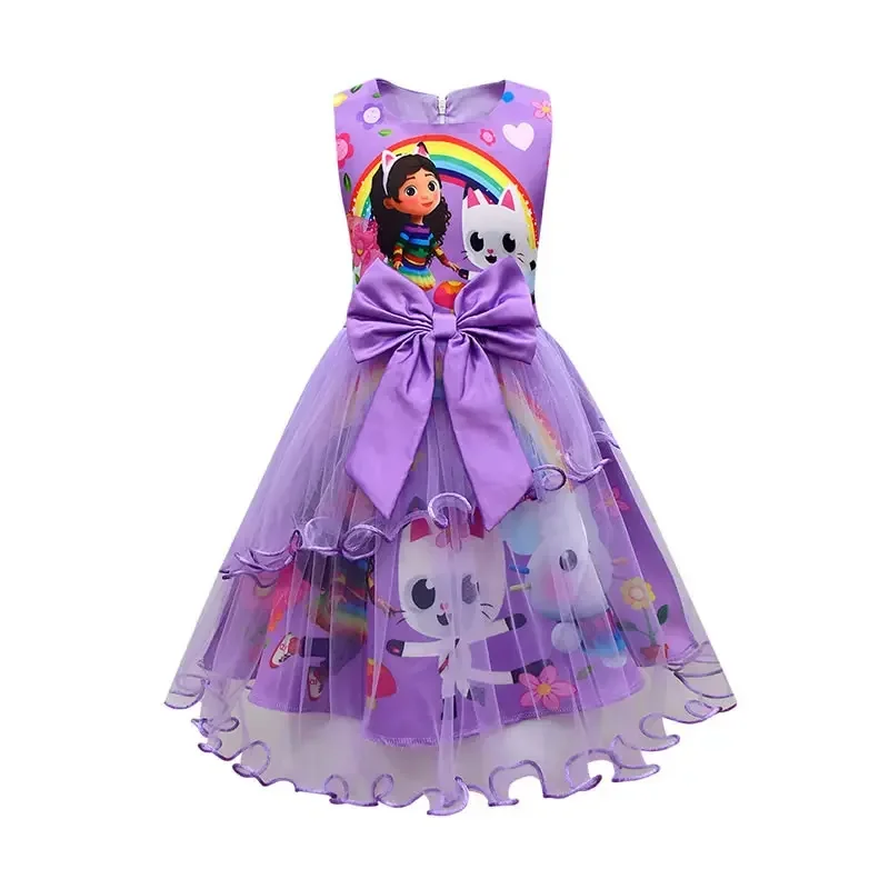2025 New Summer Gabbys Dollhouse Costume For Baby Girl Lace Dress Fashion Kid Up Bow Print Princess Frock Children Tunic Clot AA