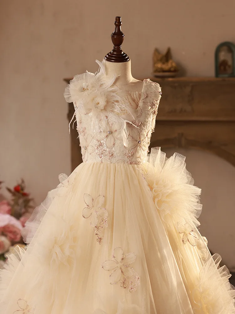 Echtes Bild elegantes Champagner kleines Mädchen Hochzeit Party kleid Blume eine Linie lange Kinder Festzug Geburtstags feier Kleid Roben