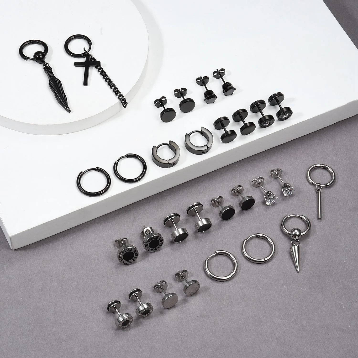 30-teiliges Gothic-Ohrring-Set für Männer aus Edelstahl mit Zirkonia, runde Ohrstecker, Hängeohrringe, Barbell-Ohrstecker, Halloween – Detail 2