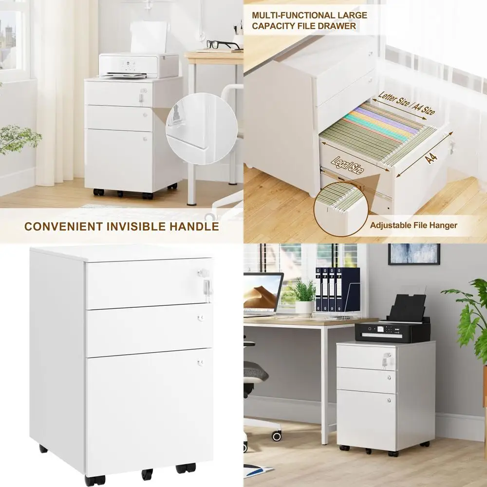 

3-Drawer Lockable Metal File Cabinet for Home Office, Under Desk A4/Letter/Legal, White, Assembled