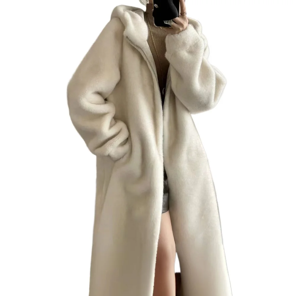 

2024 New Winter Clothes Faux Fur Coat Zipper Hooded Jacket Long Sleeve Baggy Mid Long Outerwears White Faux Mink Fur Clothing