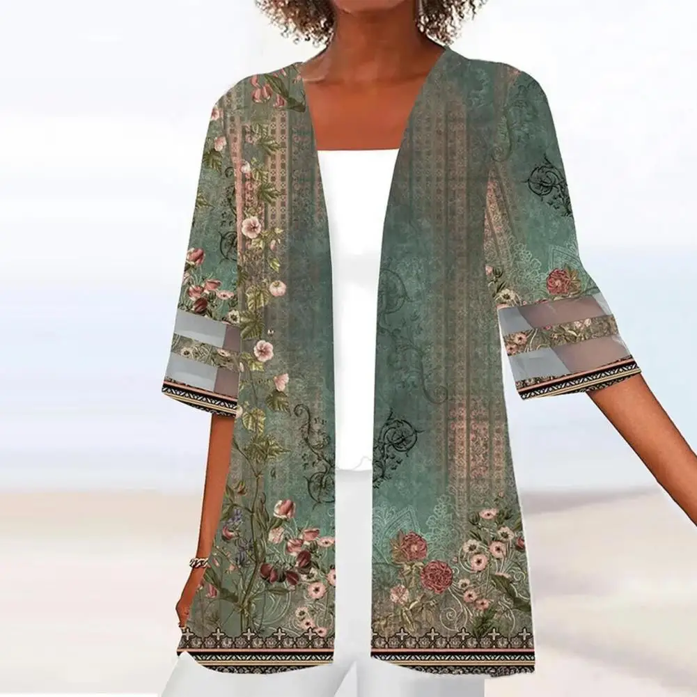 Women Cardigan Women Cardigan Vintage Mesh Patchwork Mid Length Jacket for Women Floral Print Half Sleeves Open Stitch A Stylish