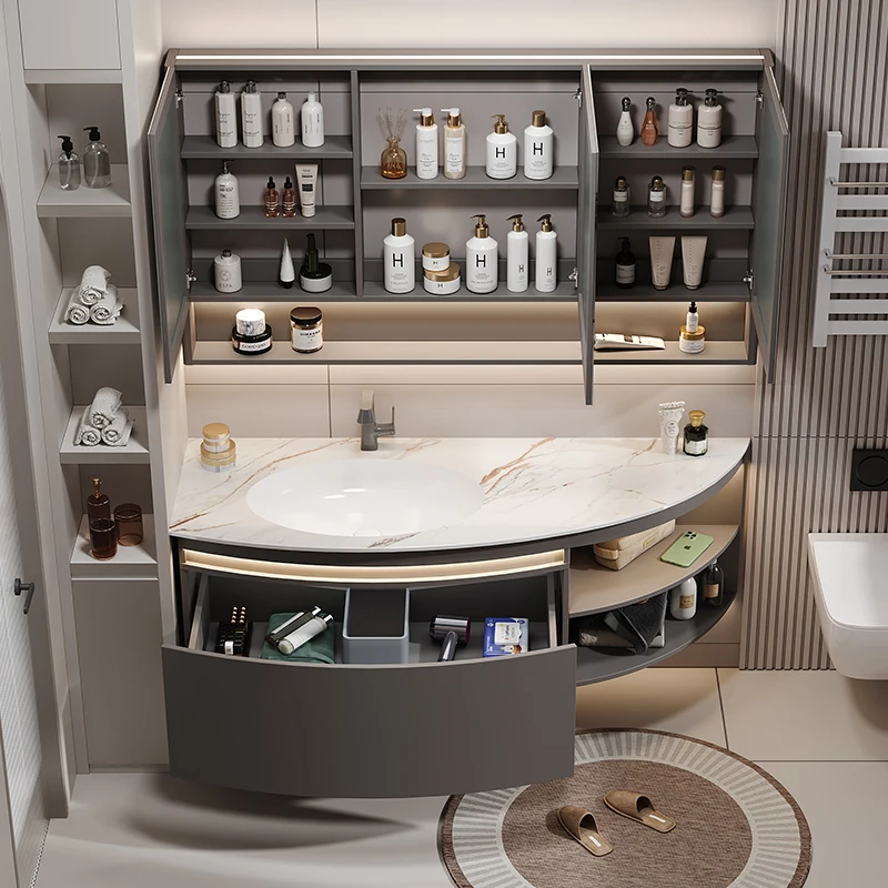 Vanity With Sink White 48 Inch Bathroom Organizer Mirror Bathroom Cabinets Storage Luxury Space Washroom Mobile Bagno Furniture
