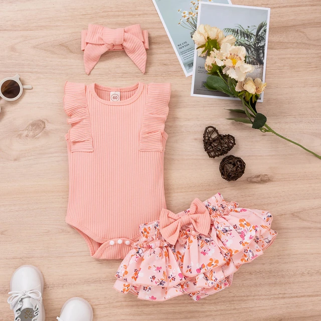 3 6 9 12 18 Months Newborn Girls Clothes Sleeveless Ribbed Romper Ruffles Floral Print Shorts Headband Suit 3 Pcs Infant Outfits AliExpress