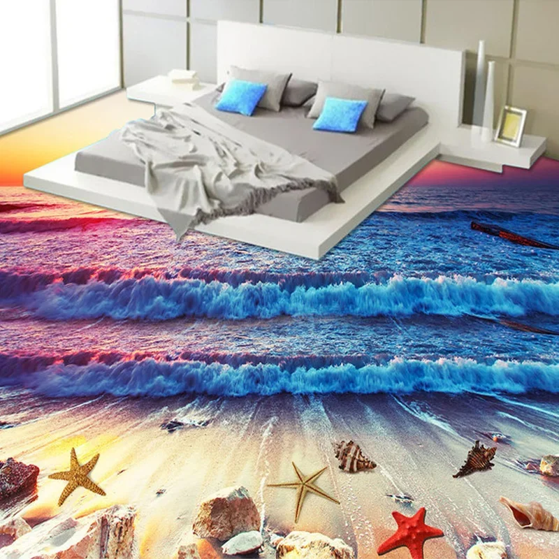 

Custom Photo Floor Mural Sunset Afterglow Colorful Waves Beach Bathroom Kitchen 3D Stereo Floor PVC Self-adhesive Wallpaper