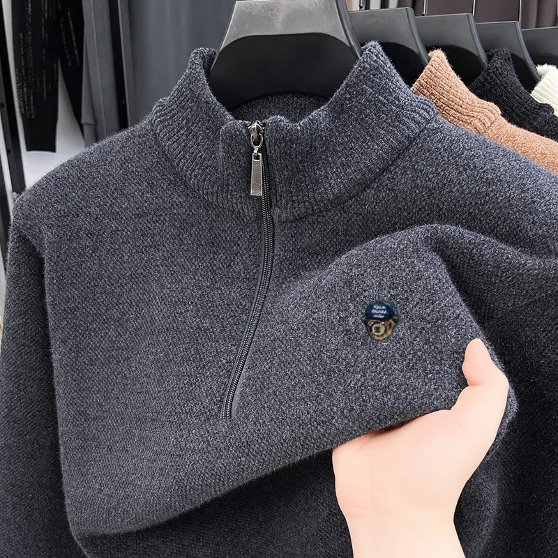 Hot Selling High-Quality Men's Knitted Pullover Soft Stand Up Collar Half Zipper Elastic Bear Print Sweater Winter Warm Menswear