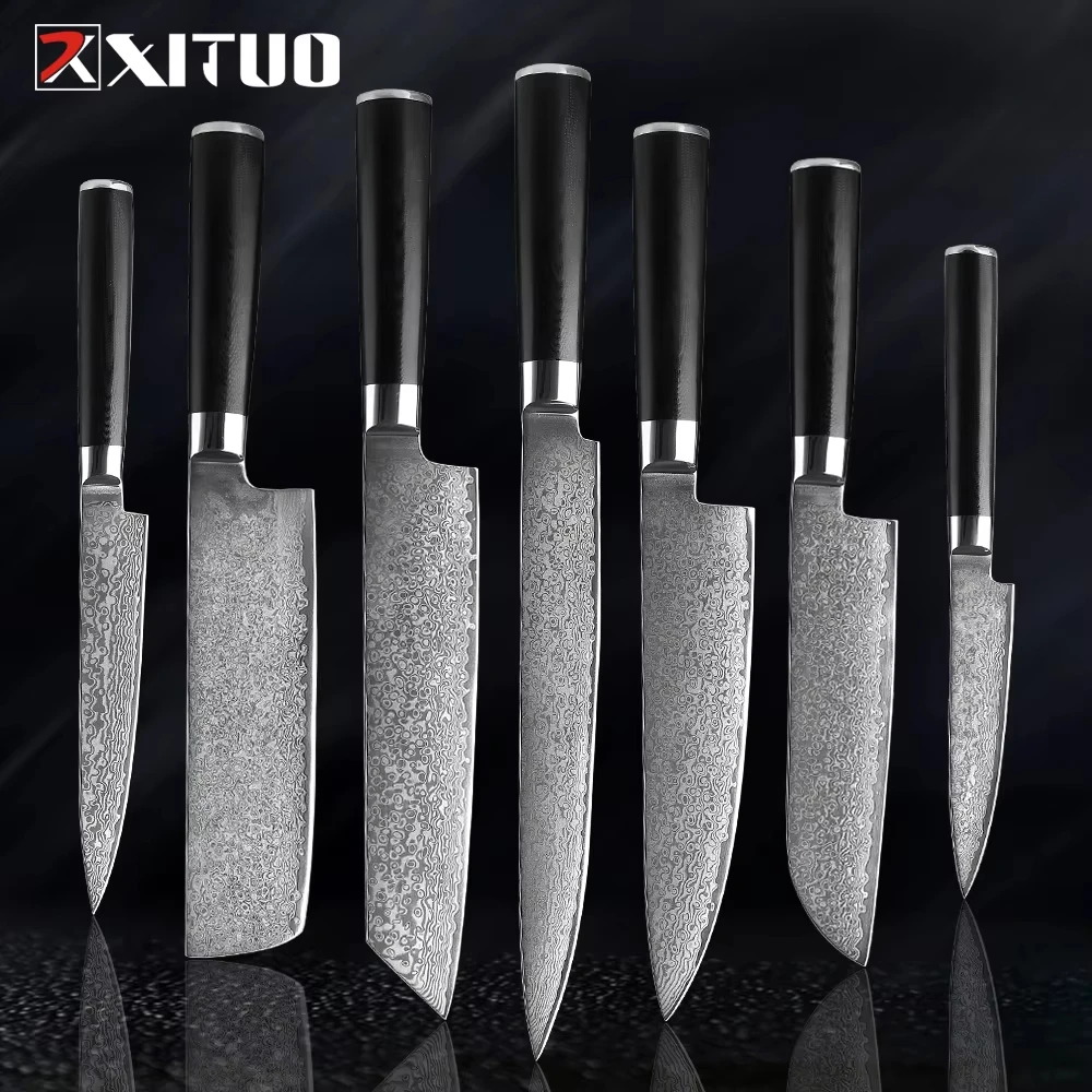 

XITUO Damascus Kitchen Knives-Set Japan VG10 Chef Knife Sankotu Cleaver Bone Knives Utility Kiritsuke Paring Knife Cooking Tools