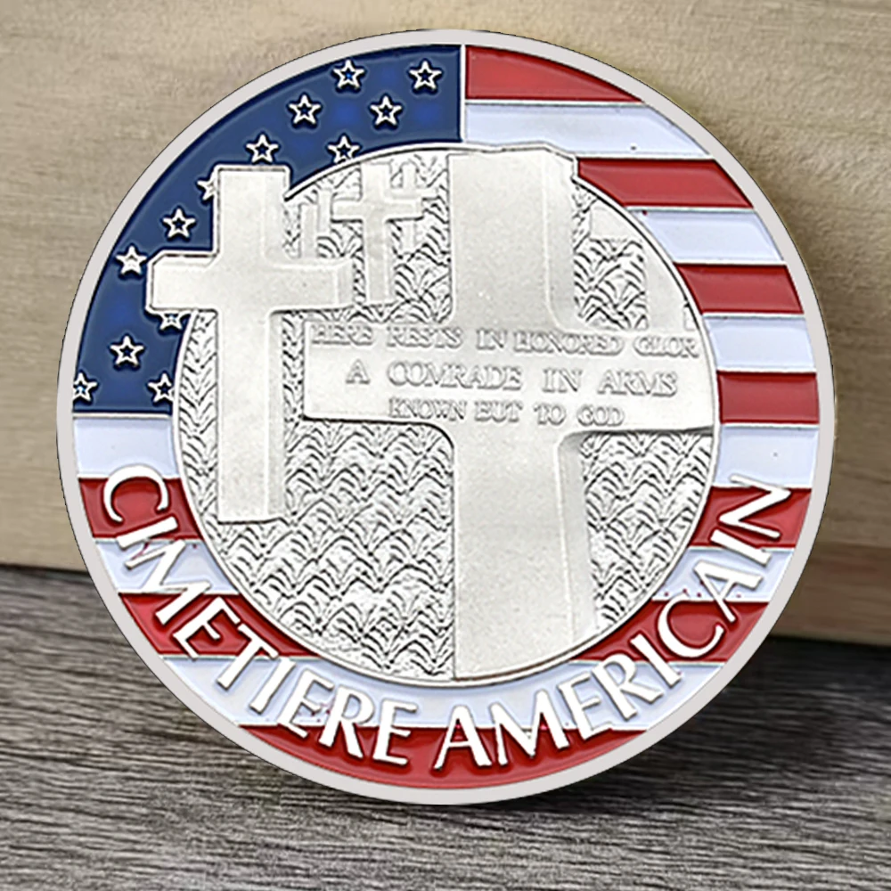 

WWII Normandy American Military Cemetery Coin Double Sided Memorial Token with Flag & Cross, Veterans Souvenir Gift