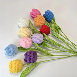 1PC Knitted Flower Tulips Fake Flowers Bouquet Wedding Decoration Hand Crochet Woven Bouquet Home Table Desktop Decor