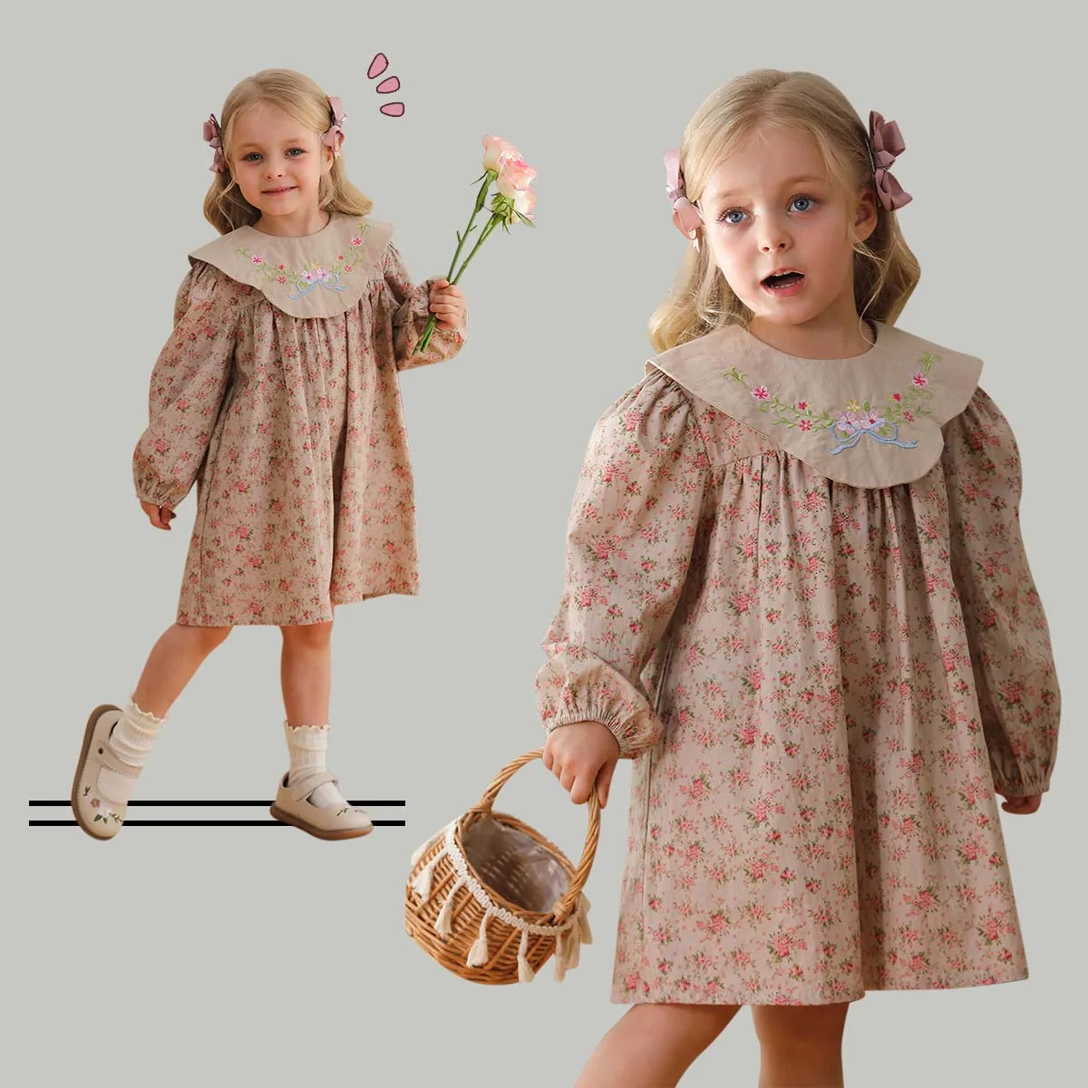

Детское ретро-платье для девочек 2026 года YBFSKID, весеннее платье для девочек с цветочной вышивкой на воротнике, платье принцессы для младенцев и малышей
