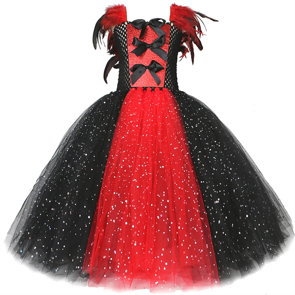 Halloween Cosplay Costume Children Girls Fantasy Witch Dress Maleficent Fluffy Sequin Tulle Feather Gown Fairy Disguise Sets