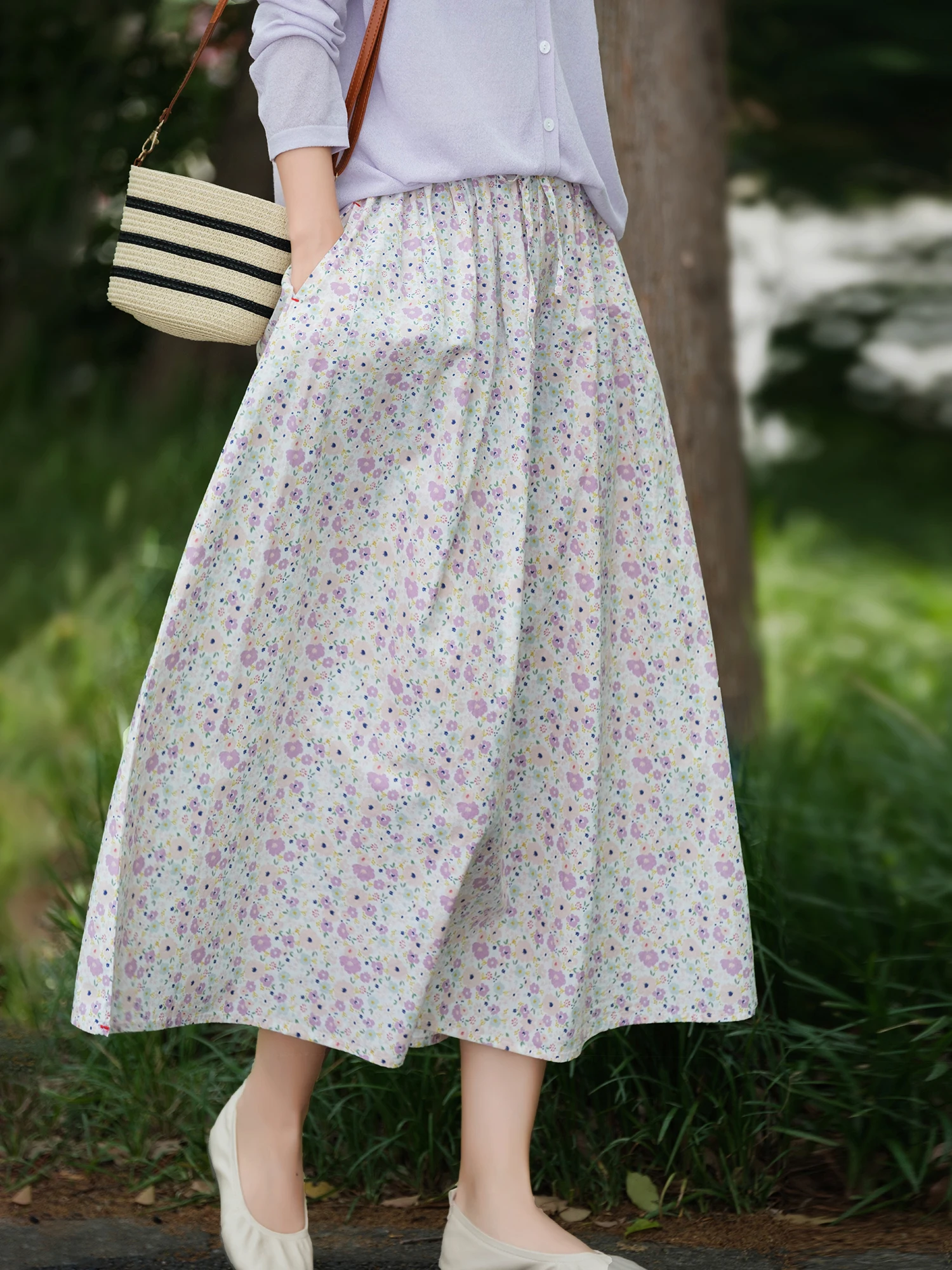 Floral Print Elastic Waist Cotton Half Skirt Fixed Length Skirt A-Line Silhouette Loose Fit Summer Collection Girls Skirt