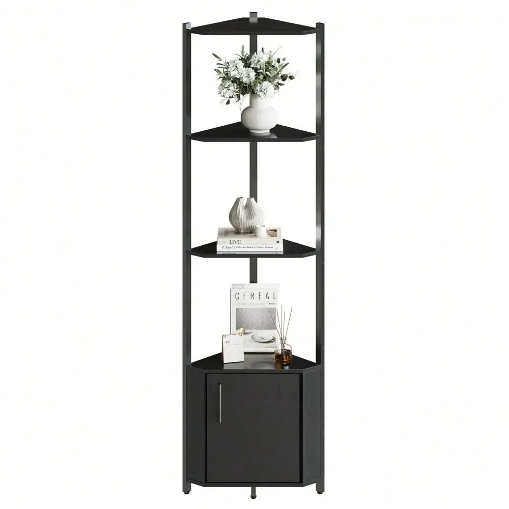 

5 Tier Corner Shelf With Wood Shelves,57 Tall Standing Shelf Organizer,Space Saving,Narrow Bookshelf With 1 Storage Cabinet For