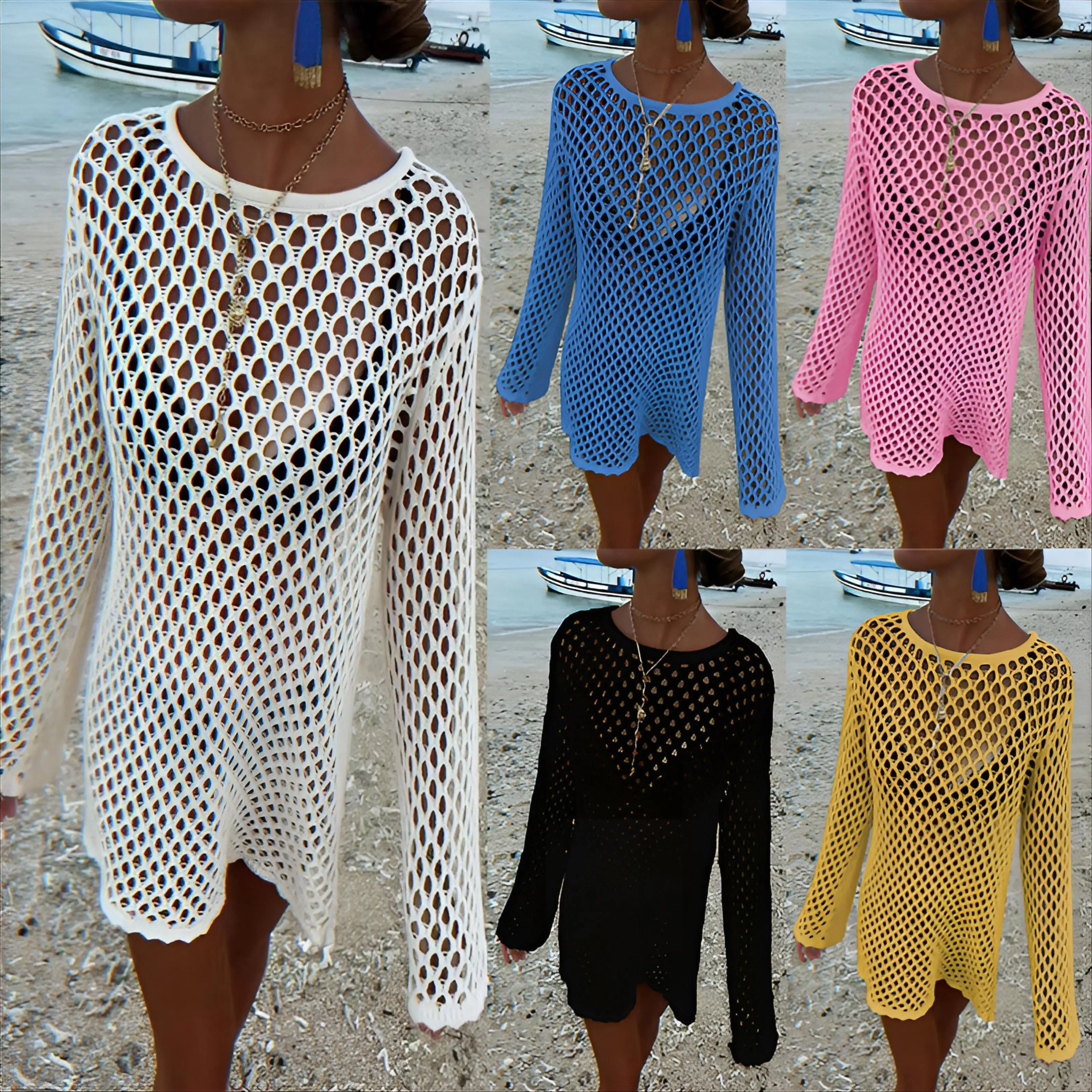 ชุดคลุมชายหาดผู้หญิง ลายหนังงู ป้องกันการโป๊ แขนหลวม สไตล์ฮิปปี้ ผ้าทอ ทรงเข้ารูป